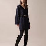 Bouclé Knit Long Sweater in Midnight Blue
