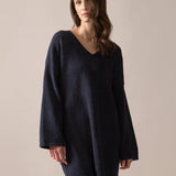 Bouclé Knit Long Sweater in Midnight Blue