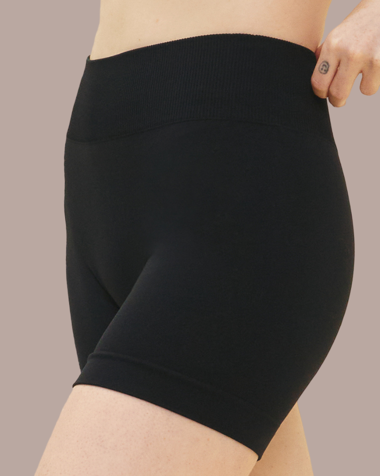 A person wearing black seamless undershorts. Megan is 5'8" and wears a size M.
